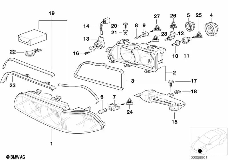 Carcasa de faro con inserto izquierda para BMW Serie 5 E39 (OEM 63128378003). Original BMW.