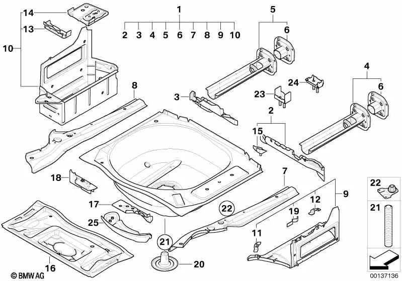 Soporte para el suelo del maletero derecho para BMW E61, E61N (OEM 41127129506). Original BMW