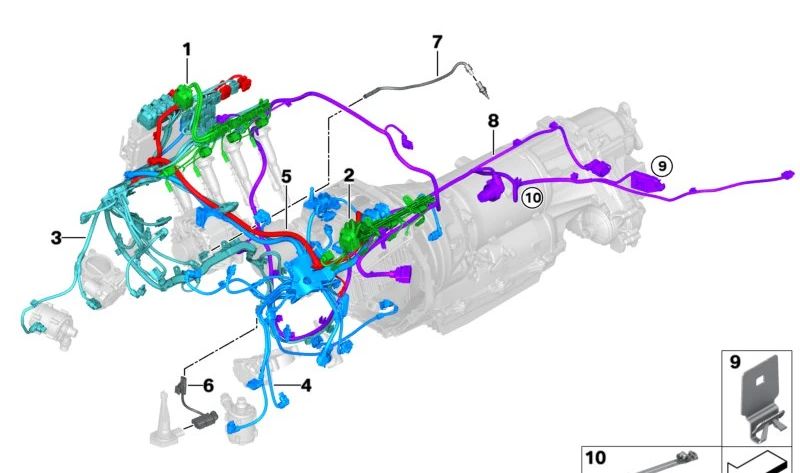 Engine sensor wiring harness for BMW 5 Series F90N, 8 Series F91, F92, F93 (OEM 12519500442). Original BMW.