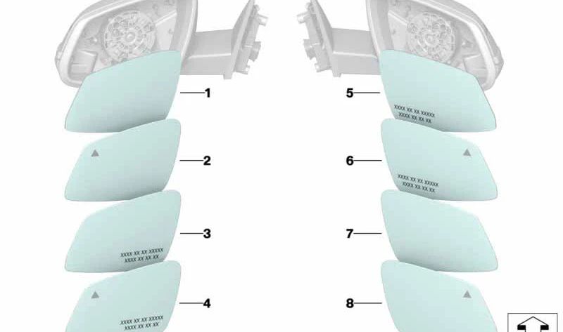 Cristal del espejo calefaccionado plano izquierdo para BMW F22, F23, F45, F46, F87, F30, F31, F34, F32, F33, F36, I01, E84, F48, F39, G29 (OEM 51167390617). Original BMW