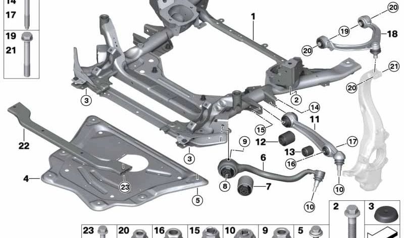 Brazo de suspensión inferior con cojinete de goma derecho para BMW F15, F16 (OEM 31126864822). Original BMW.