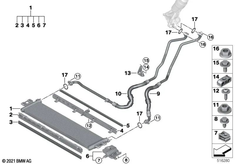 Kit de reparación soporte enfriador de aceite del motor para BMW G87, G80, G81, G82, G83 (OEM 17219501958). Original BMW.