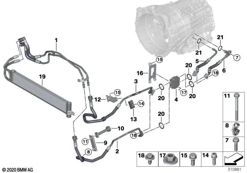 Línea de refrigeración de aceite de transmisión para BMW F87, F87N (OEM 17227853889). Original BMW.