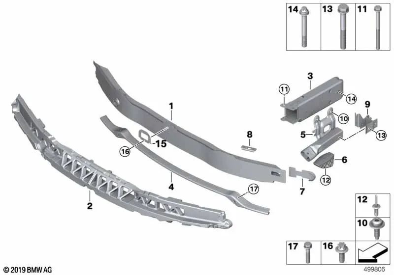 Elemento de deformación delantero derecho para BMW F34, F34N, F32, F32N, F33, F33N, F36, F36N (OEM 51117289910). Original BMW