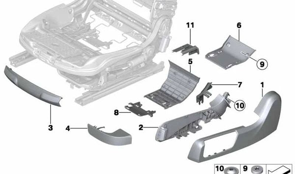 Tapa del riel exterior trasero derecho para BMW F06, F12, F13 (OEM 52107269406). Original BMW.