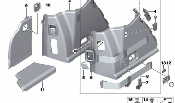 Revestimiento del paso de rueda del maletero izquierdo para BMW F07N (OEM 51477342887). Original BMW