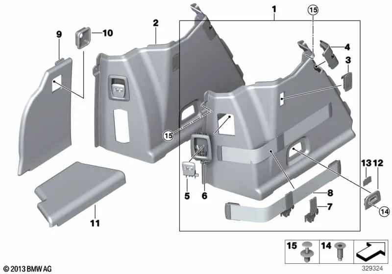 Cubierta del revestimiento del maletero izquierda para BMW F07, F07N (OEM 51477229823). Original BMW