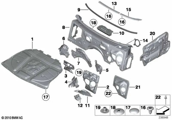 Sellado del paso de rueda delantero izquierdo para BMW Serie 5 F10, F11, F18 (OEM 51487232607). Original BMW