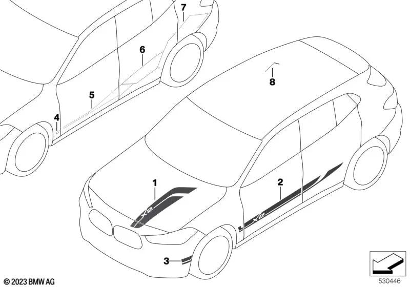 Tira decorativa delantera derecha para BMW F39 (OEM 51145A05EF9). Original BMW.