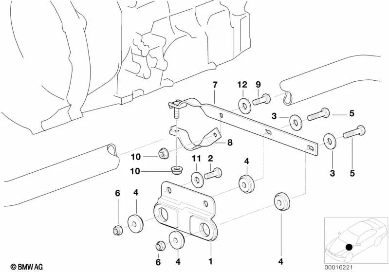 Travesaño del sistema de escape para BMW E46 (OEM 18301732929). Original BMW.