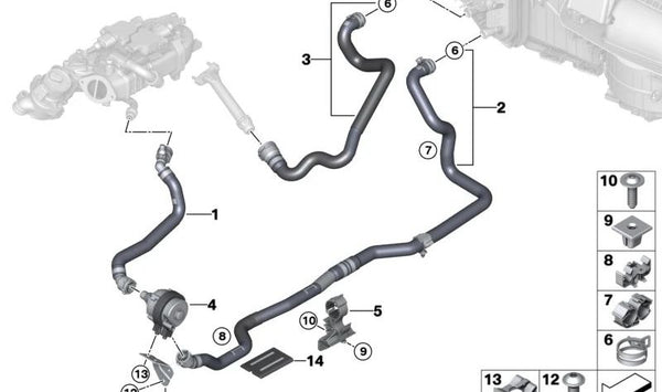 Bomba auxiliar de refrigerante OEM 64219874308 para BMW G30, G31, G32, G11, G12, G14, G15, G16, G01, G02. Original BMW.