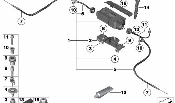 Cable Bowden de freno de mano derecho para BMW Serie 5 F07, F07N (OEM 34436785429). Original BMW.