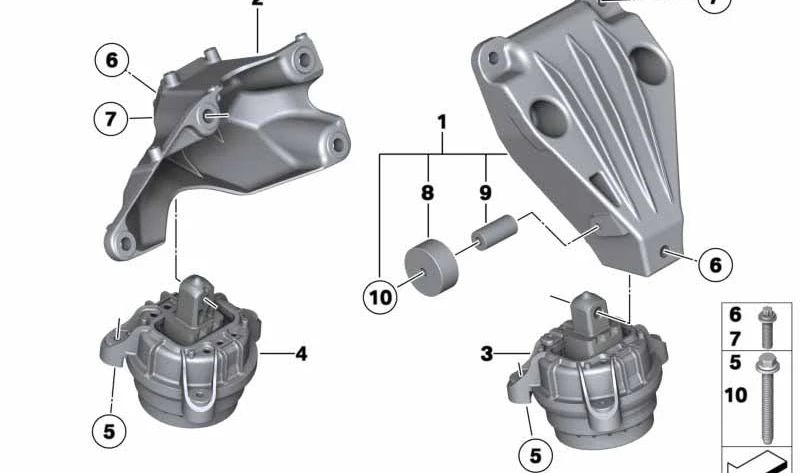 Soporte de motor derecho para BMW Serie 5 F07, F10, F11, Serie 6 F06, F12, F13, Serie 7 F02N (OEM 22116781258). Original BMW.