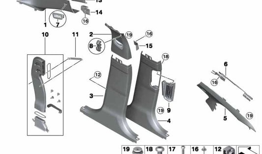 Soporte C-Pilar superior derecho para BMW Serie 5 F10, F18 (OEM 51439116364). Original BMW