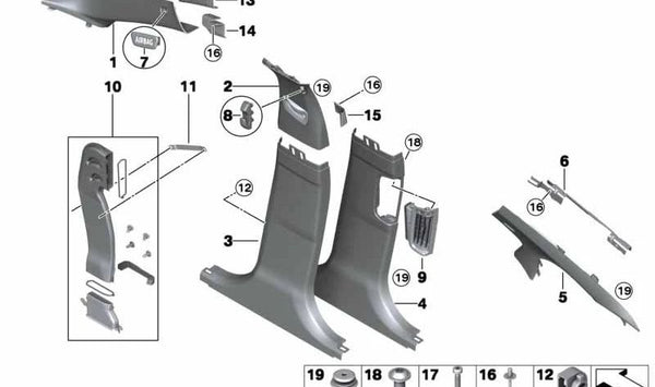 Moldura superior derecha del pilar C OEM 51439196256 para BMW F10, F18. Original BMW.