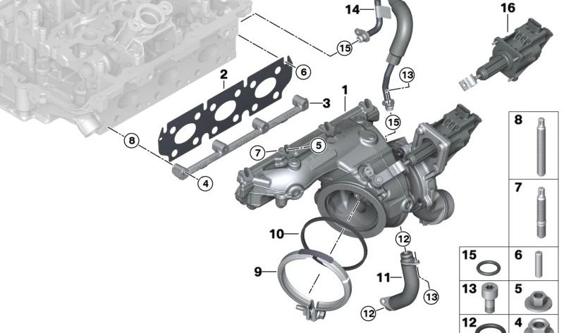 Turbocompresor con colector de escape OEM 11655A14817 para BMW F20, F21, F22, F23, F30, F31, F35, F32, F36. Original BMW.