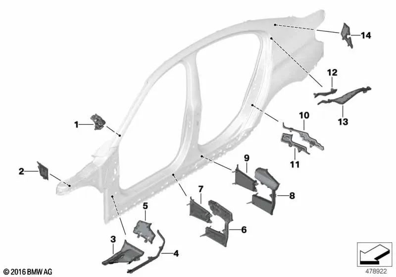 Pieza moldeada columna B exterior trasera izquierda para BMW Serie 1 F52 (OEM 41007382809). Original BMW