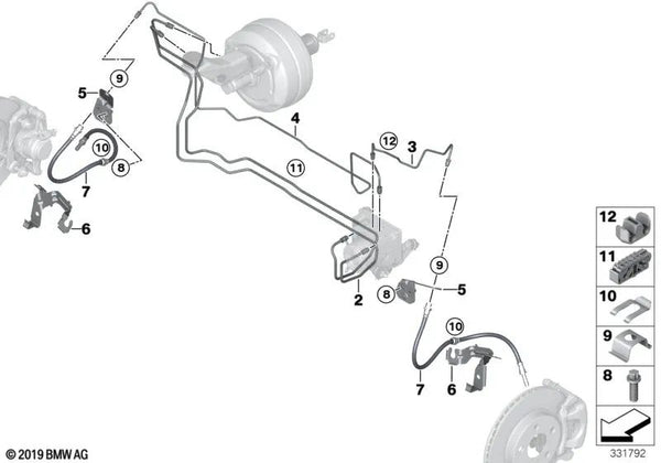 Soporte para tubo de freno delantero derecho para BMW i01, i01N (OEM 34306799310). Original BMW.