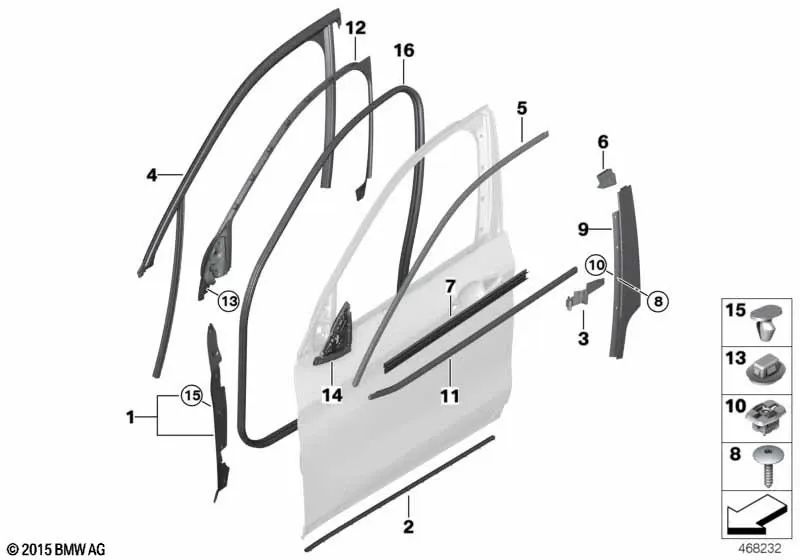 Junta de la puerta delantera izquierda para BMW X1 F48, F48N, F49 (OEM 51767439317). Original BMW