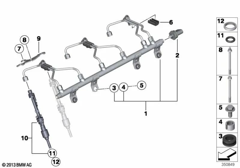 Riel de alta presión para BMW E82, E88, F20, F21, F22, F23, F87, E90N, E91N, E92N, E93N, F30, F31, F34, F35, F32, F33, F36, F07, F10, F11, F18, F06, F12, F13, F01N, F02N, E84, F25, F26, E70N, F15, E71, F16 (OEM 13537649710). Original BMW