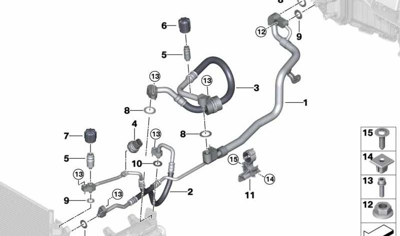 Kompressor-Kondensator-Druckrohr für BMW 5er G30, G31 6er G32 7er G11, G12 8er G14, G15 (OEM 64539321597). Original BMW