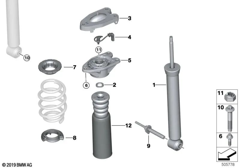 Cojín inferior del muelle para BMW Serie 1 F40, Serie 2 F44, X1 F49, U11, U12 (OEM 33506880421). Original BMW