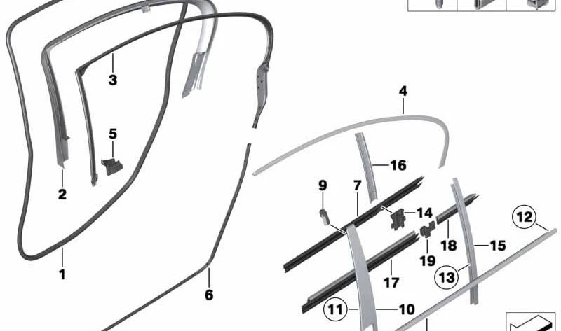 Embellecedor marco de ventana superior puerta trasera derecha para BMW Serie 5 F10, F10N (OEM 51357209712). Original BMW.