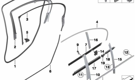 Cubierta del marco de la ventana trasera izquierda OEM 51357205249 para BMW F18. Original BMW.