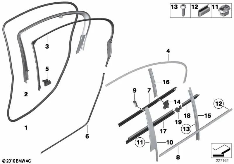 Junta de Fuga de Puerta en el Techo Trasero Izquierdo para BMW F18, F18N (OEM 51357208043). Original BMW.