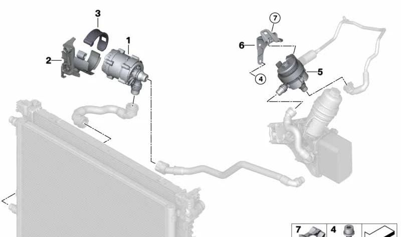 Suporte de refrigerante OEM 11518631090 para BMW F20, F21, F22, F23, F30, F31, F34, F32, F33, F36, G30, G31, G32, G11, G12, G01, G02. BMW original.