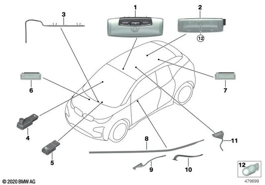 Luz de guía de manija de puerta izquierda para BMW I01, I01N (OEM 63319259403). Original BMW