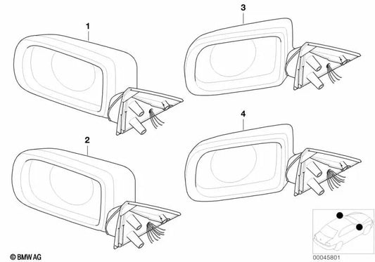 Espejo exterior sin cristal calefactado, derecho para BMW Serie 7 E38 (OEM 51168266474). Original BMW.