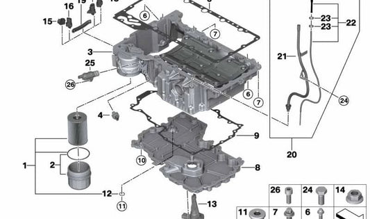 Cierre acústico cárter de aceite para BMW G30, G31N, G11, G12, G14, G15, G16, X5 G05, X6 G06, X7 G07 (OEM 11138655772). Original BMW