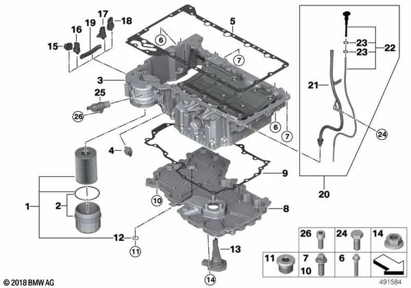 Carter de aceite para BMW G30, G31N, G11, G12, G14, G15, G16, G05, G06, G07 (OEM 11138643444). Original BMW