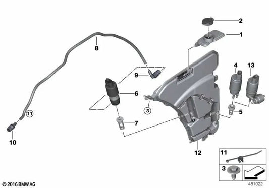 Windshield Washer Fluid Reservoir for BMW G30, G31, G38, G32, G11, G12 (OEM 61668491830). Original BMW