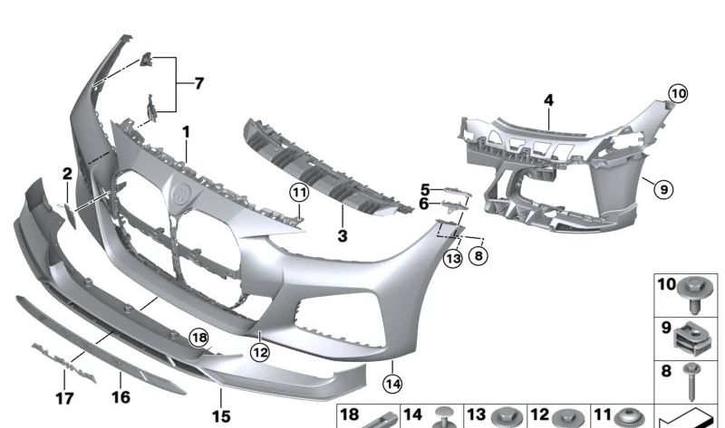 Guía parachoques izquierda arriba para BMW G26, G26E, G26F (OEM 51118738613). Original BMW