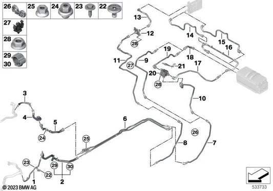 Suporte de mangueira para BMW E90N, E91N, E92N, E93N, F30N, F31N, F34N, F80 (OEM 64219222656). BMW original