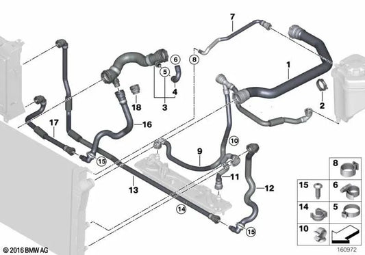 Manguera de refrigerante para BMW E70, E71 (OEM 17127798496). Original BMW.