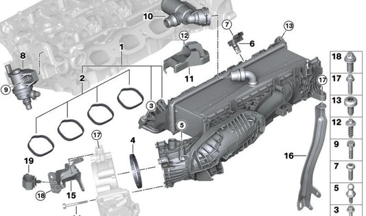 Intake support for BMW G42, G20, G21, G28, G22, G23, G26, G30, G31, G38N, G60, G32, G11N, G12N, G01, G08, G02, G05, G18, G06, G29 (OEM 11617952863). Genuine BMW.