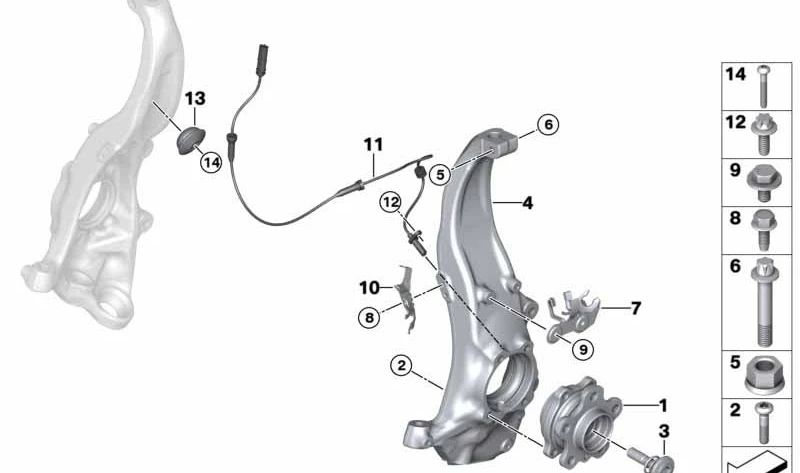 Left swing bearing for BMW F90, F90N, F91, F92, F93 (OEM 31107857011). Original BMW