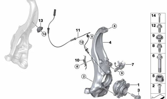 Left swing bearing for BMW F90, F90N, F91, F92, F93 (OEM 31107857011). Original BMW