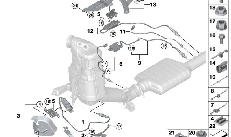 Soporte para sensores de escape OEM 13629887386 para BMW {F40, F44, F45, F46, U06, F48, F39}. Original BMW