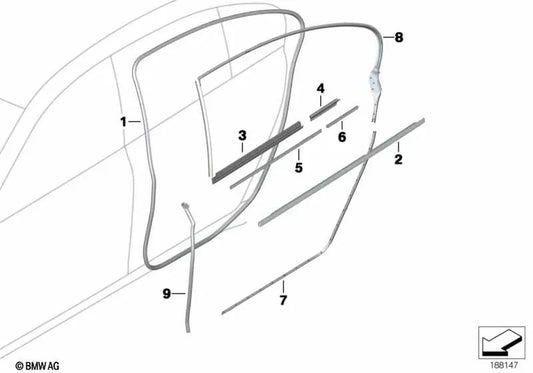 Short right inner moulding for BMW 7 Series F02, F02N, F04 (OEM 51359141416). Original BMW.