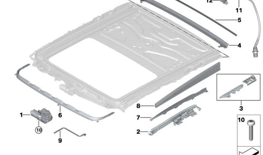 Sunroof mechanism for BMW 5 Series F10, F18, F90, G30, 7 Series F01, F04, G11, X6 F16 (OEM 54107209198). Original BMW