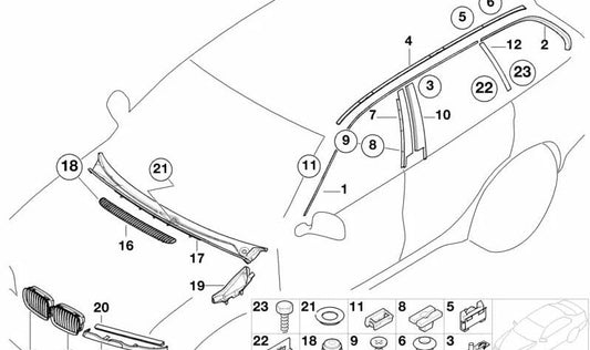 Embellecedor del canal de lluvia izquierdo delantero para BMW Serie 3 E46 (OEM 51137000511). Original BMW