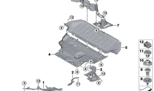 Protector inferior trasero izquierdo OEM 51759450509 para BMW U11, U10. Original BMW.