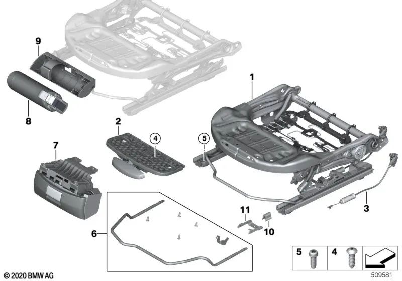 Rechter Grundsitzmechanismus für BMW 2er F45, F46, X1 F48, F49, X2 F39 (OEM 52107397444). Original BMW.