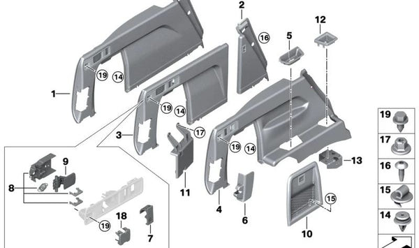 Revestimiento del maletero izquierdo para BMW X5 F95, G05 (OEM 51475A40E27). Original BMW.