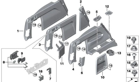 Revestimiento lateral izquierdo del maletero OEM 51475A0B6D1 para BMW G05 (X5), F95 (X5 M). Original BMW.