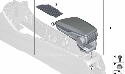 Reposabrazos central original BMW con costura decorativa OEM 51165A54841 para BMW F45, F46, F48, F39.